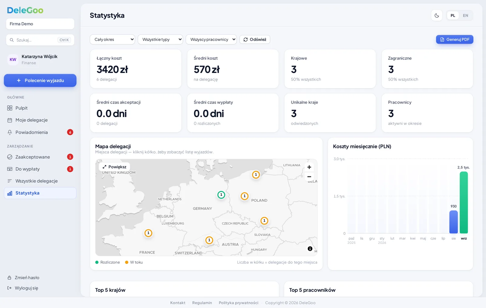 Ekran statystyki: koszty delegacji, mapa krajów i wykres miesięczny