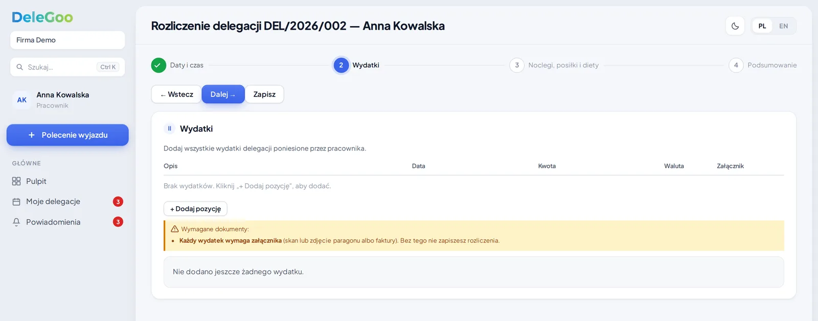 Krok 2 rozliczenia: lista wydatków delegacji