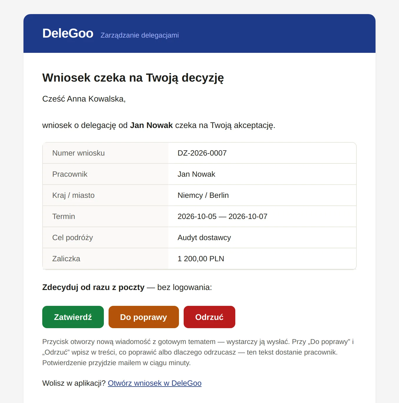 Mail z przyciskami Zatwierdź, Do poprawy i Odrzuć