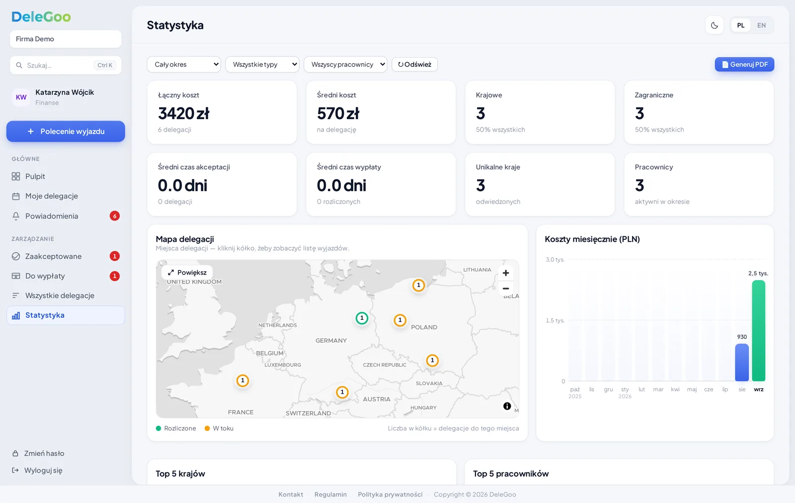 Statystyka: koszty delegacji, mapa krajów i rozkład miesięczny